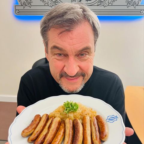 photo of bavarian politician and food blogger markus söder holding a plate of 10 sausages, the same picture is shown 9 times